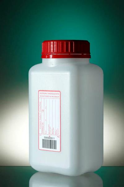 Square bottle 1L HDPE na graduated H187 Ø55, 20mg SODIUM THIO, label wh & tamper evident screw cap w